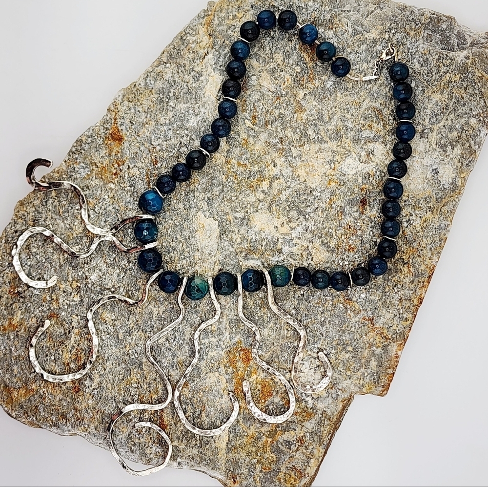 KYANITE GEMSTONE  NECKLACE/CHOKER  HAMMERED FOR TEXTURE IN .925 STERLING SILVER